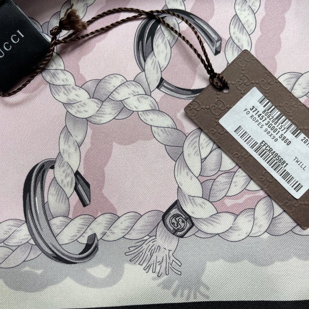 New Gucci Silk Scarf Pink Ropes Print Black Border Silk Wrap Scarf - Picture 13 of 15